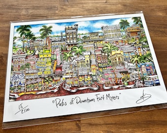 Pubs of Downtown Fort Myers Florida First Street  Riverwalk District Limited Edition Lithograph Print by Pubs of Your Town Brian McKelvey
