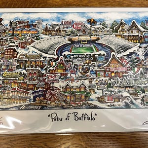 May include: A colorful illustration of a winter scene with a football stadium in the center. The stadium is surrounded by buildings and shops with snow-covered roofs. The text "Pubs of Buffalo" is written at the bottom of the image.