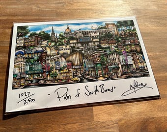 Litografía de edición limitada Pubs of South Bend Indiana Football Stadium Pubs of Your Town de Brian McKelvey