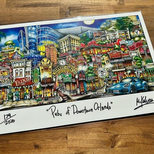 May include: A colorful illustration of a city street scene with buildings, shops, and a blue car. The text "Pubs of Downtown Orlando" is written at the bottom of the image. The image is numbered 179/2500.