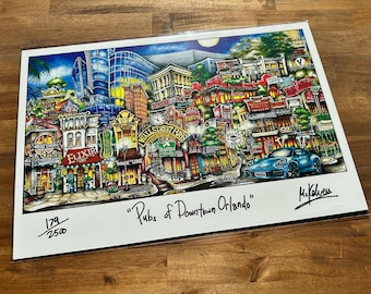Pubs of Downtown Orlando Florida Basketball Arena Night Life Sunshine Limited Edition Lithograph Print by Pubsof Your Town Brian McKelvey