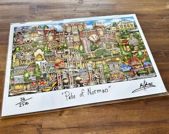 Pubs of Norman Oklahoma campus university football sports bars Limited Edition Signed Lithograph Print by Pubs of Your Town Brian McKelvey