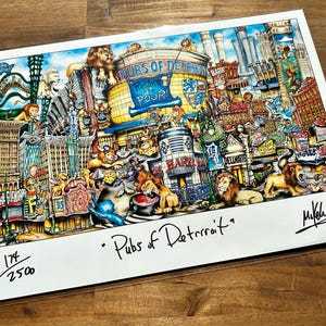 May include: A colorful illustration of a city scene with buildings, pubs, and cartoon animals. The text "Pubs of Detroit" is written at the bottom of the image. The image is numbered 174/250.