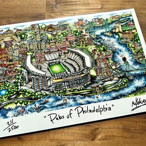 May include: A colorful illustration of the "Pubs of Philadelphia" with a green and white football stadium in the center. The illustration is signed by the artist, "Kefleves", and numbered 211/250.