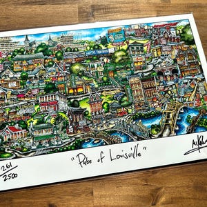 May include: A colorful illustration of a map of Louisville, Kentucky, with the title "Pubs of Louisville" and the number 261/250 in the bottom left corner. The map features a variety of pubs and restaurants, as well as landmarks like the Big Four Bridge.