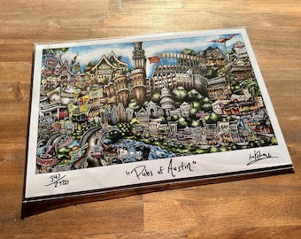 May include: A colorful illustration of a city skyline with the text "Pubs of Austin" printed below. The illustration is framed and numbered 347/350.
