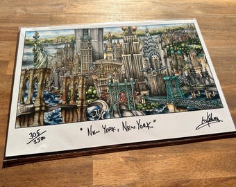 New York NY Skyline Twin Towers World Trade Center Empire State Statue of Liberty Edition Lithograph Print Pubs of Your Town Brian McKelvey