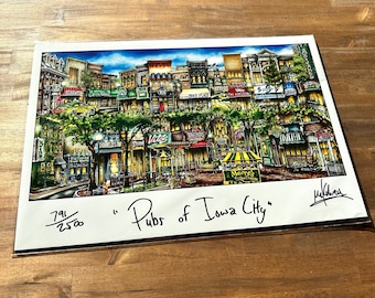 Pubs of Iowa City Iowa College University Alumni Sports Limited Edition Lithograph Print by Pubsof Your Town                  Brian McKelvey