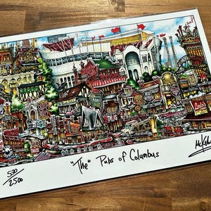 May include: A colorful illustration of the "Pubs of Columbus" with a red and white stadium in the background. The illustration is signed by the artist, "McKeown", and numbered 53/250.