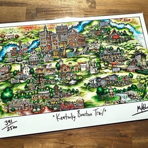 May include: A colorful illustrated map of the Kentucky Bourbon Trail, featuring various buildings and landmarks. The map is titled "Kentucky Bourbon Trail" and numbered 391/2500. The artist's signature, "M. Welliver", is in the bottom right corner.