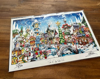 Litografía de edición limitada de Pubs of The North Pole: Pueblo navideño de Papá Noel con nieve invernal de Pubsof Your Town, Brian McKelvey