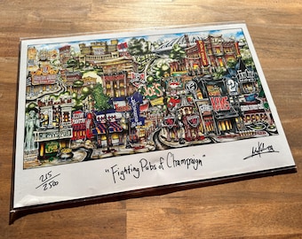 Fighting Pubs of Champaign Illinois  College Town University Sports Bars Limited Edition Lithograph Print Pubs of Your Town Brian McKelvey