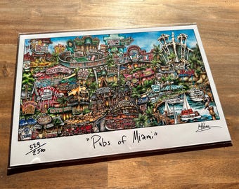 Pubs of Miami Florida Football Stadium Orange Sunshine State Bars Restaurants Limited Edition Lithograph Print by Pubsof Your Town Brian McK