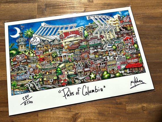 Pubs of Columbia, South Carolina Limited Edition Lithograph Print by Pubsof Your Town - Brian McKelvey