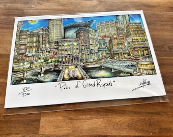 Pubs de Grand Rapids, Michigan. Puentes del río Michigan en el centro de la ciudad. Litografía de edición limitada de Pubs of Your Town, Brian McKelvey.