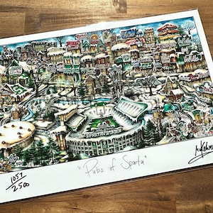 May include: A colorful illustration of a winter scene in East Lansing, Michigan, with a focus on the Spartan Stadium. The illustration is titled "Pubs of Sparta" and is numbered 1057/2500.