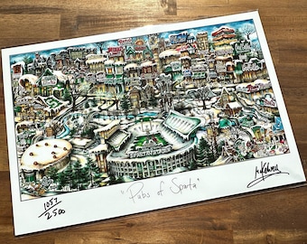 Litografía de edición limitada de invierno para exalumnos de la Universidad de Michigan, Pubs of Sparta, East Lansing, Michigan College, por Brian McKelvey