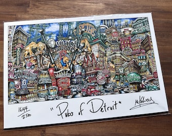 Pubs of Detroit Baseball Detroit Michigan Greek Town Limited Edition Lithograph Print by Pubs of Your Town Brian Mckelvey