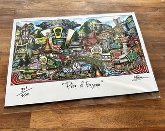 Pubs of Eugene Oregon University College Town Football Limited Edition Lithograph Print by Pubsof Your Town Brian Mckelvey