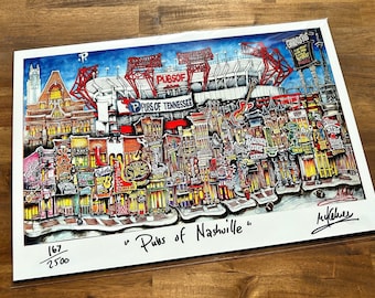Litografía de edición limitada de Pubs of Your Town de Brian McKelvey, con temática de fútbol americano de Nashville, Tennessee, Grand Ole Opry y música country.
