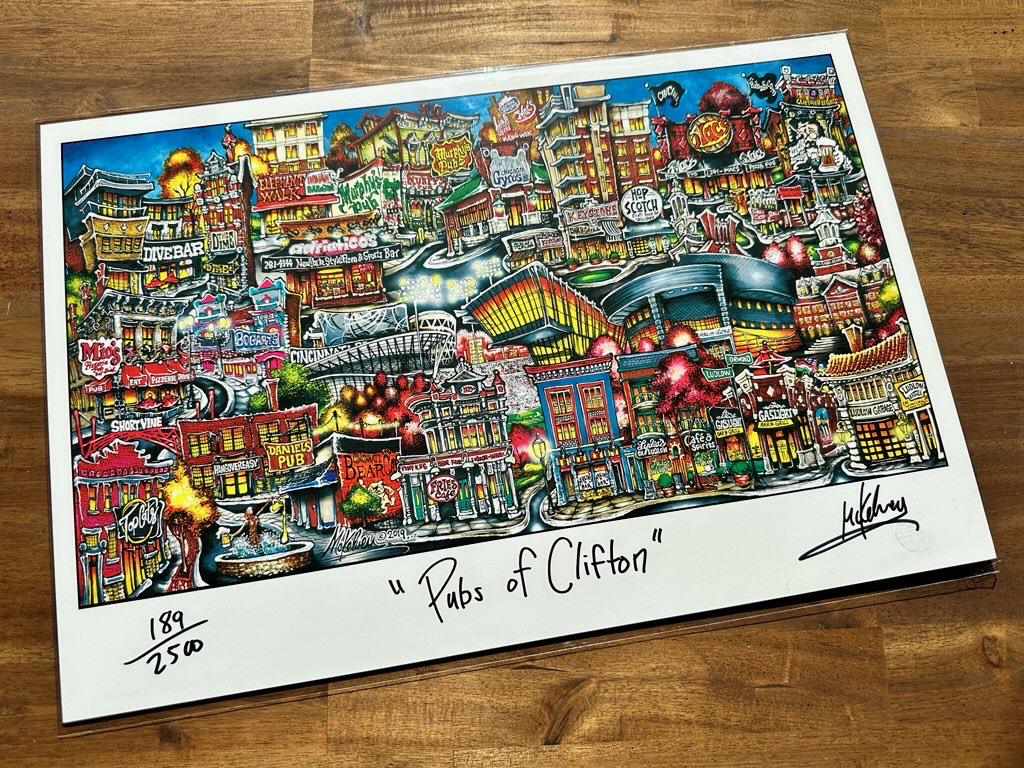 Litografía de edición limitada de Pubs of Clifton, Cincinnati, Ohio, de Brian Mckelvey.
