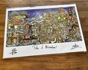Pubs of Milwaukee Wisconsin Baseball Stadium River Street College Limited Edition Signed Lithograph Print by Pubsof Your Town Brian McKelvey