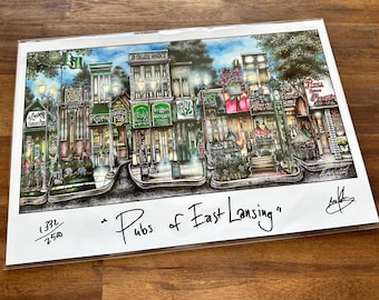 Pubs of Downtown East Lansing - East Lansing, Michigan 2007 Original Pubs of Limited Edition Lithograph Print by Brian McKelvey