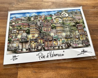 Pubs of Kalamazoo Michigan Univerity College Town Waldo’s Bars Limited Edition Lithograph Art Print by Pubs of Your Town Brian Mckelvey