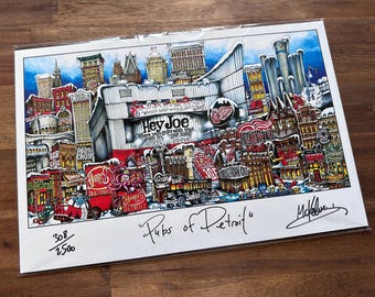 Pubs of Detroit - Detroit, Michigan  - Hockey Town Red White Limited Edition Lithograph Print by Pubsof Your Town Brian Mckelvey