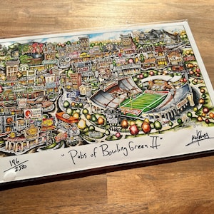 May include: A colorful illustration of a city scene with buildings, trees, and a football stadium. The title "Pubs of Bowling Green II" is written at the bottom of the image. The image is numbered 196/250.