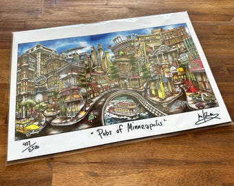 Pubs of Downtown Minneapolis, Minnesota Football Stadium College Sports Limited Edition Lithograph Print by Pubsof Your Town Brian Mckelvey