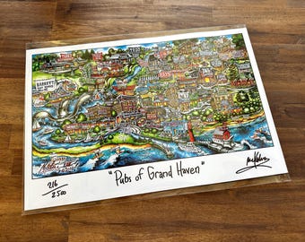 Pubs of Grand Haven Michigan Lake Michigan Grand Haven Pier Summer Vaca Limited Edition Lithograph Print by Pubsof Your Town Brian Mckelvey