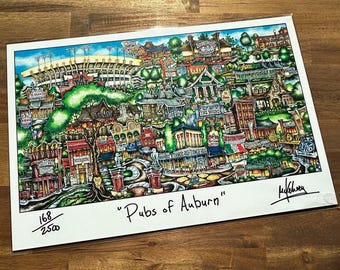 Pubs of Auburn, Alabama - home of Skybar - Limited Edition Lithograph Print by Pubsof Your Town Brian Mckelvey