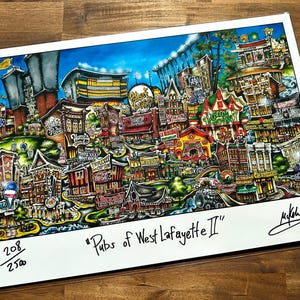 May include: A colorful illustration of a city scene with buildings, streets, and people. The title "Pubs of West Lafayette II" is written at the bottom of the image. The image is numbered 208/250.