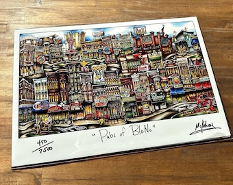 Pubs de Bloomington Normal Blono Illinois College University Sports Bars Impresión litográfica de edición limitada Pubs de tu ciudad Brian McKelvey