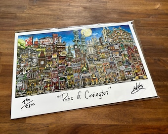 Pubs of Covington Kentucky Downtown Basilica Pubs Bars Limited Edition Lithograph Print by Pubsof Your Town Brian Mckelvey