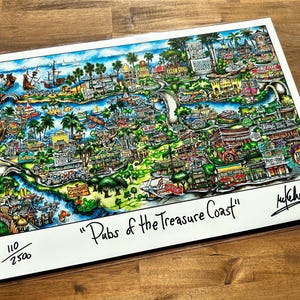 May include: A colorful hand-drawn map of "Pubs of the Treasure Coast" with a signature in the bottom right corner. The map is numbered 110/250.