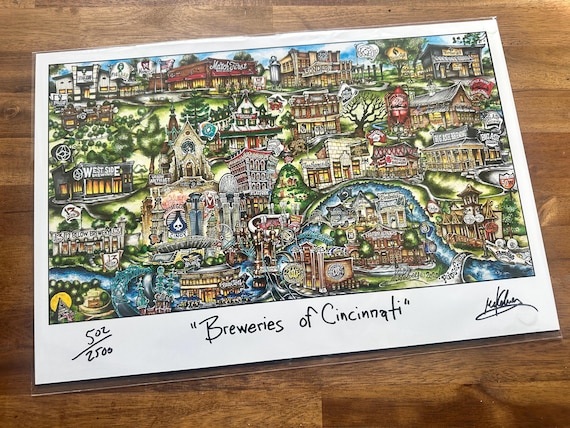 Pubs of Breweries of Cincinnati Ohio Limited Edition Lithograph Print by Pubsof Your Town Brian McKelvey