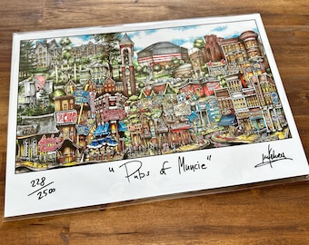 Pubs of Muncie- Muncie, Indiana College Sports Basketball Football Limited Edition Lithograph Print Pubs of Your Town by Brian McKelvey