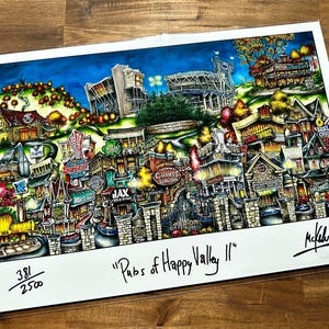 May include: A colorful illustration of a city scene with buildings, streets, and trees. The illustration is titled "Pubs of Happy Valley II" and is numbered 381/2500.