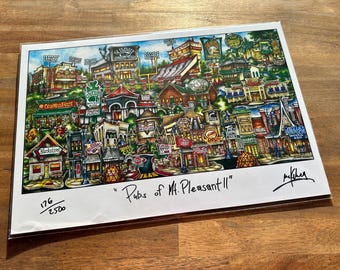 Pubs of Mount Pleasant II 2nd Edition New Scene 2020 Michigan Up North Limited Edition Lithograph Print by Pubsof Your Town Brian McKelvey
