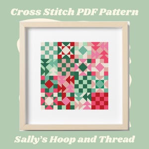 May include: A framed cross stitch PDF pattern with a colourful geometric design. The pattern features squares of red, pink, green, and white. The text "Cross Stitch PDF Pattern" and "Sally's Hoop and Thread" are visible.