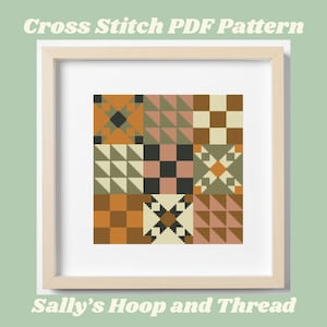 May include: A framed cross stitch PDF pattern with a patchwork design in shades of orange, brown, green, and black. The text "Cross Stitch PDF Pattern" and "Sally's Hoop and Thread" are displayed on the image.