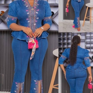 Fancy Denim and Diamonds Outfit 2 Stk Strass Passendes Stretch Jeans Top und Hose. Party Jeans Sets, Damen Party Wear.