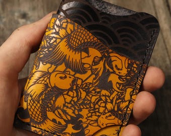 Koi Fish, leather wallet, handmade, lucky wallet, japanese design, waves, personalized
