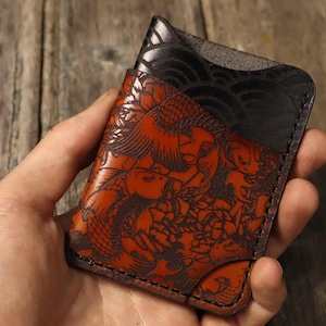 Koi Fish leather wallet, minimalist wallet, handmade,lucky wallet, japanese design, waves, personalized wallet,koi wallet full grain leather