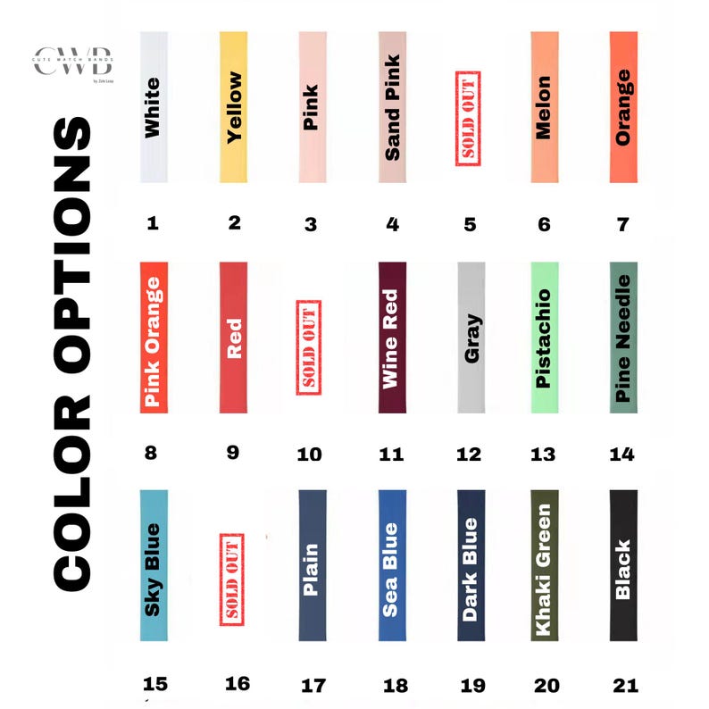 May include: Color options chart with rectangular color swatches labeled with names like White, Yellow, Pink, and Orange. Some swatches are marked "SOLD OUT." The text "COLOR OPTIONS" is on the left.