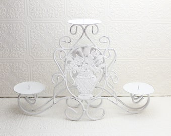 Ornate candleholder 3 pillar candles Home decor White Distressed Flower basket Metal candle holder Shabby Cottage French Country Farmhouse