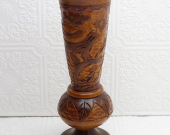 Vintage hand carved wood vase Home decor Birds Floral Folk art Rustic Cabin Retro Turned wood