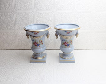 2 vintage urn shaped vases wth square base Planters Light blue Floral detail Draping Cottage decor French Country Farmhouse decor Home decor